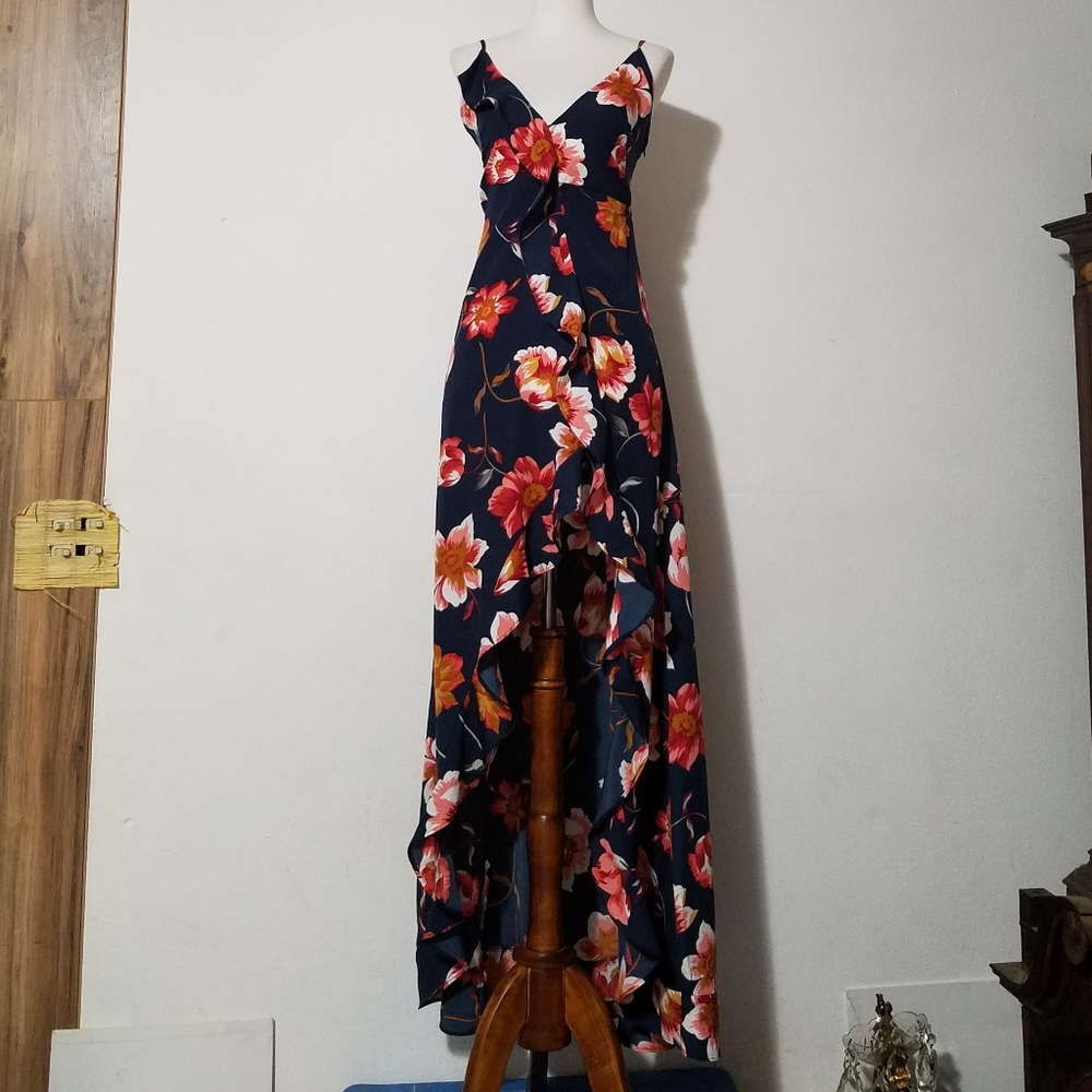 VICI satin floral ruffle Long Dress